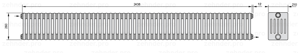 Схема (чертеж) Радиатор Zehnder Charleston 6026/53 №1670 Белый глянцевый RAL 9016